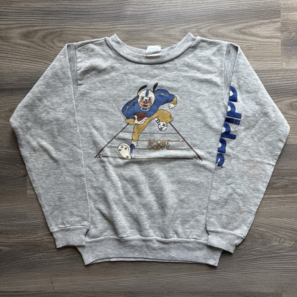 VTG 80s Adidas Disney Goofy Football Gray Crewneck Sweatshirt Tri Blend L Youth